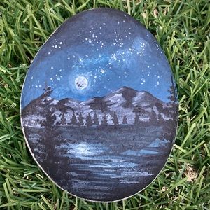 Night Sky Mountain Lake Hand Painted River Rock 3”